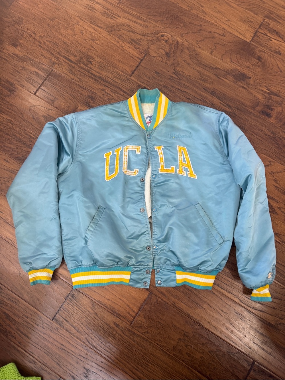 RARE STARTER UCLA Bruins SATIN BLUE Bomber Jacket Sz XL Insulated Snap Front VTG